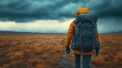 Hiker in a dramatic landscape under dark clouds.