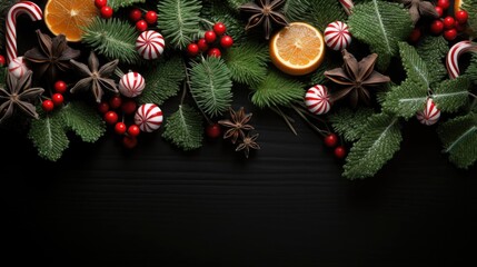 Wall Mural - A festive arrangement of decorations for the holidays, featuring wreaths, candies, gifts, oranges,