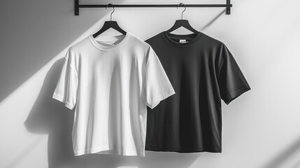 Two blank t-shirts hanging on hangers on white wall, one white and one black.