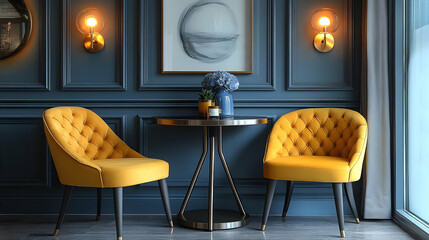 Two yellow tufted chairs with a round table and floral arrangement against a dark blue wall with molding.