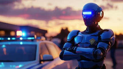 Futuristic Robot Police Officer in Blue Uniform Standing by Police Car at Dusk