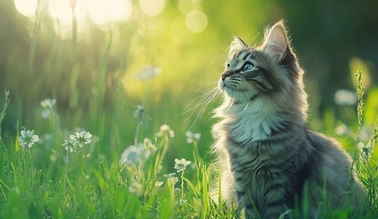 Cute fluffy cat sitting in the grass, spring nature background, green meadow with wild flowers