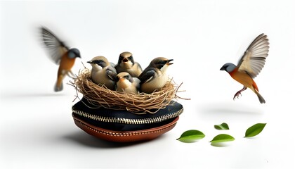 Nest of birds in a wallet representing financial security against a clean white backdrop