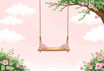 Pink floral swing with pink flowers and green leaves, set against a pink cloudy sky