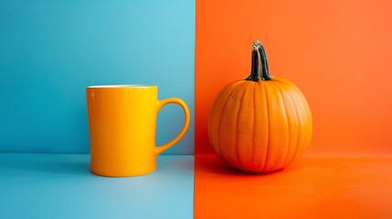 Pumpkin and orange cup isolated on colorful background