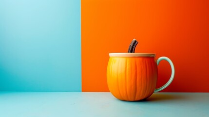 Pumpkin and orange cup isolated on colorful background