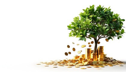 Tree of Vibrant Leaves Emerging from Gold Coins in Desert Symbolizing Economic Renewal