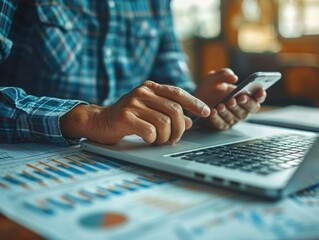 Wall Mural - Businessman working with financial charts and analysis data on an office desk, using a laptop computer and smartphone to help the company engaged in business planning or market research for operationa