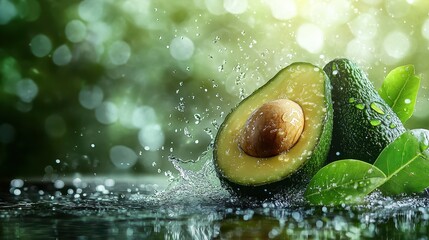 Fresh avocado halves with droplets of water, featuring vibrant green leaves and a natural background, perfect for healthy lifestyle themes.