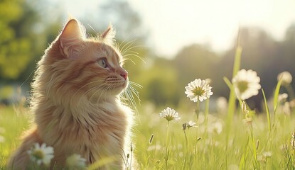 Cute fluffy cat sitting in the grass, spring nature background, green meadow with wild flowers