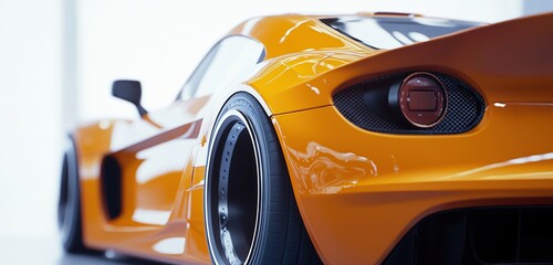 close-up of the back end and side view of an orange sports car on a white background