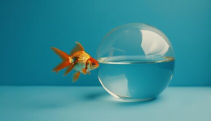 A lone, goldfish swimming in a clear fishbowl against a pure blue backdrop