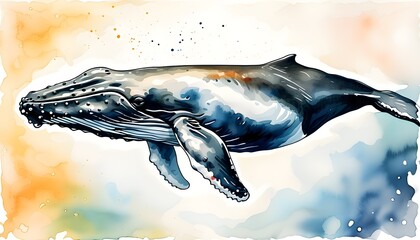 Whimsical Watercolor Portrayal of Majestic Whale Swimming in Tranquil Ocean Waters