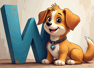 Wall Mural - Cheerful Dog Sitting Next to Large Blue Letter 'W'