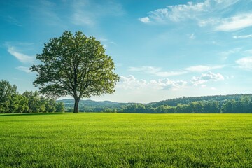 Wall Mural - Green grass field lawn with tree and blue sky Green Meadows Beautiful Journey Through Nature Great as a background, web banner , ai