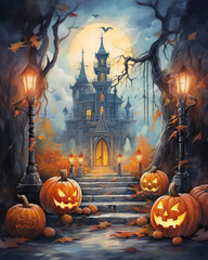 Wall Mural - halloween party invitation card background with haunted house pumpkins jack-o-lanterns and bats watercolor style illustration orange black yellow lamps forest spooky castle moon moonlight seasonal ver