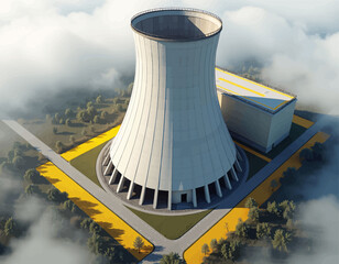 Wall Mural - Aerial View of a Large Cooling Tower in the Clouds