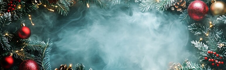 A festive Christmas background with pine branches, red and gold ornaments, pine cones, and fairy lights, all framed by a soft, swirling smoke against a dark teal backdrop.