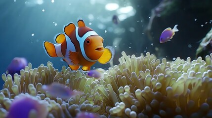 A close-up of a clownfish swimming near an anemone, with a blue fish in the background.