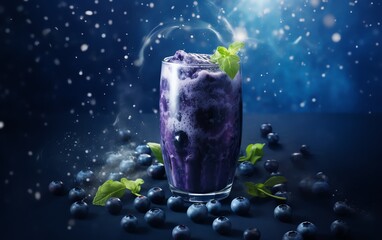 A vibrant blueberry smoothie in a glass, surrounded by fresh blueberries and mint, set against a mystical blue background.