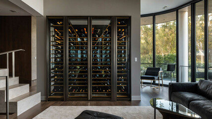 Custom glass wine cabinet with sleek metal racks in a modern home