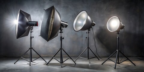 three photography studio lights two with saltboxes