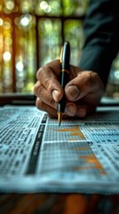 Wall Mural - Businessman working with financial newspaper and digital tablet on desk in office, close-up hand holding pen writing information to document chart data, graph, and business growth concept background b