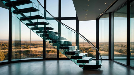 Wall Mural - Glass staircase with floating steps in a modern luxury home