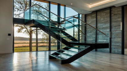 Wall Mural - Glass staircase with floating steps in a modern luxury home