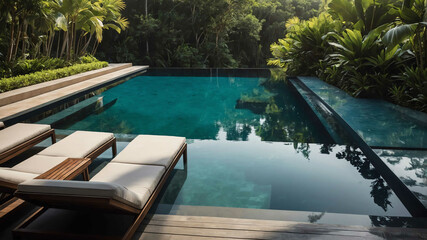 Wall Mural - Infinity edge pool overlooking a lush garden in a modern luxury villa