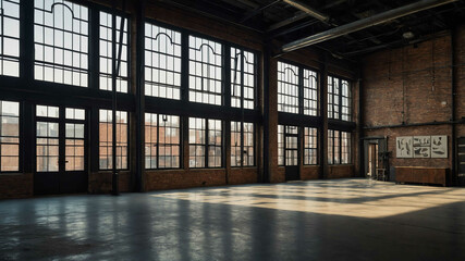 Wall Mural - Industrial loft building with large metal framed windows and exposed brick