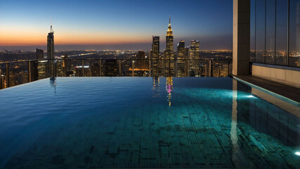 Wall Mural - Infinity edge pool reflecting city lights in a modern rooftop setting