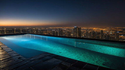 Infinity edge pool reflecting city lights in a modern rooftop setting