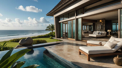 Luxury beachfront villa with an expansive terrace and glass doors