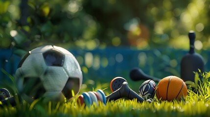 Wall Mural - Sports Equipment on green grass