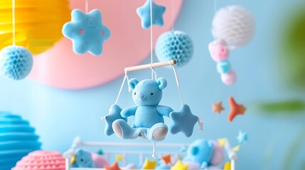 still life of baby mobile with blue stuffed animals isolated on colorful background