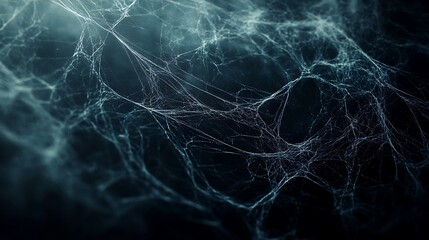 A close-up of a spiderweb with a dark blue background. The web is intricate and delicate, with a soft glow in the center.