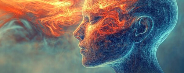 A surreal depiction of a human face with ethereal flames, embodying creativity and imagination in a vibrant, colorful design.