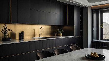 Wall Mural - Sleek black kitchen cabinets with brass hardware in a minimalist home