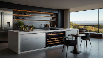 Wall Mural - Sleek kitchen island with built in stovetop and wine fridge