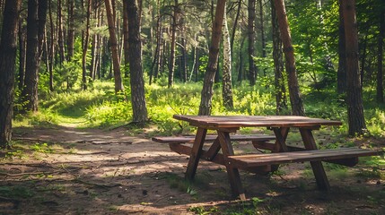 Table and bench for relaxing in the woods at a summer day