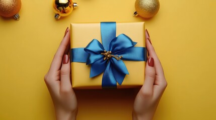 Woman's hands holding a yellow gift box with a blue ribbon and bow on a yellow background with Christmas ornaments.