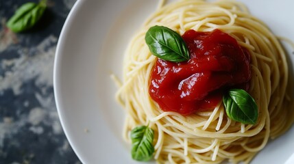 Spaghetti with tomato sauce and basil leaves, close-up. Italian cuisine and food styling concept