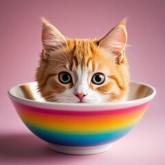 Wall Mural - An adorable orange and white kitten with big, curious eyes peeks out from inside a colorful rainbow bowl. The playful and charming scene is perfect for animal lovers and cat enthusiasts.