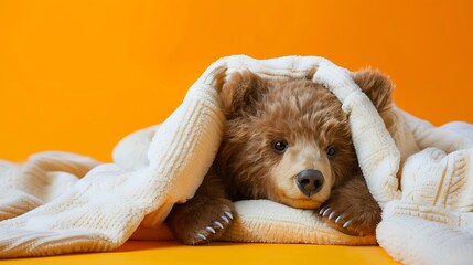 Wall Mural - teddy bear brown bear lies under a white blanket isolated on colorful background