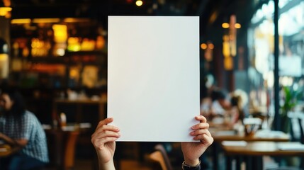 A person holds a blank white sign in front of them, with a blurred cafe background.