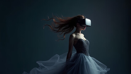 Wall Mural - Beautiful woman with flowing hair in futuristic dress over dark background Girl in glasses of virtual reality Augmented reality game future technology concept