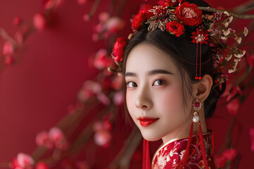 Wall Mural - A young Chinese woman, close-up photo of her head with a red background