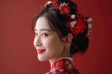 Wall Mural - A young Chinese woman, close-up photo of her head with a red background