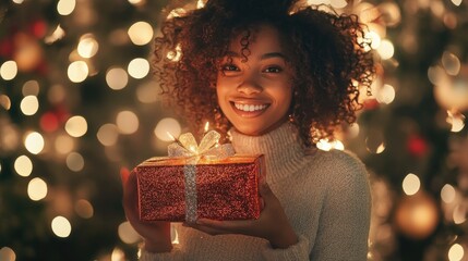 A young woman with curly hair smiles brightly as she holds a gift in front of a Christmas tree.